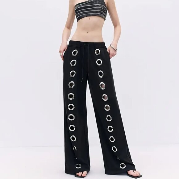 AdaGirl Pants - Black Large Silver Grommets Wide Leg Pants Fashionista Goth Y2K Streetwear